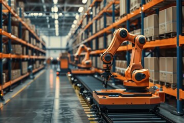 Industrial robots conducting material handling operations in a warehouse