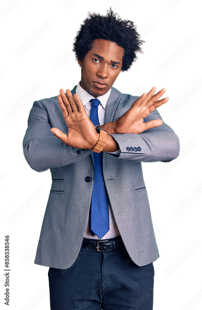 Poster handsome african american man with afro hair wearing business jacket rejection expression crossing a