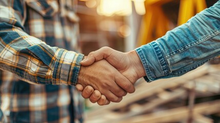 Two construction workers shaking hands over a completed project.