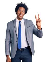 Handsome african american man with afro hair wearing business jacket showing and pointing up with fingers number two while smiling confident and happy.
