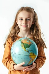 Fototapeta premium young girl holding the world globe isolated on white