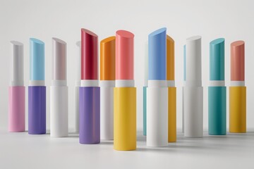 Fototapeta premium Mockup of a multicolored cylindrical lipstick tube, 