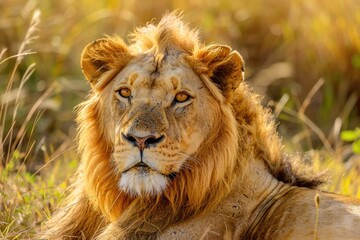 A beautiful male leon in a sunny morning in the savannah  Kenya  Africa