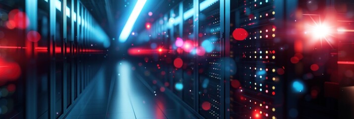 Futuristic Data Center with Glowing Lights and Server Racks