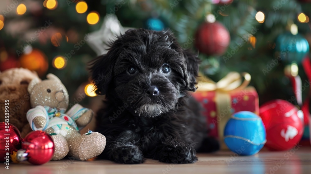 Wall mural Adorable black fluffy puppy and holiday toys - Wall murals