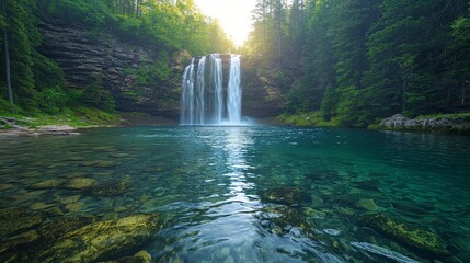 Sowder Falls USA Daytime. The best view of Sowder Falls in the USA during the day, with the waterfall cascading into a clear pool surrounded by dense forest and bright sunlight, a Minimalist,
