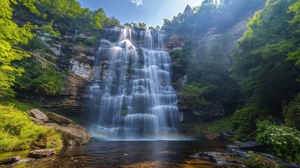 Naklejka premium Hidden Falls Daytime View. Clear skies with the sun shining brightly, the waterfall cascading down the rocky cliff, surrounded by lush green trees and vibrant wildflowers, with mist rising from the