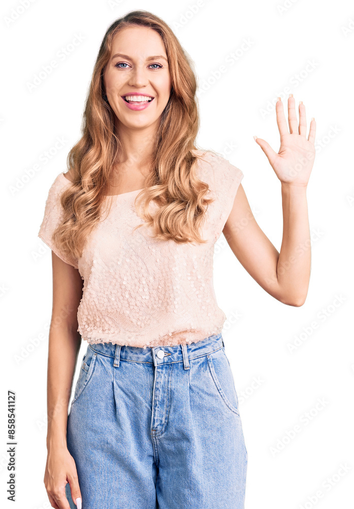 Canvas Prints Young beautiful caucasian woman with blond hair wearing casual clothes showing and pointing up with fingers number five while smiling confident and happy.