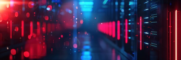 Modern Data Center with Blue and Red Lights