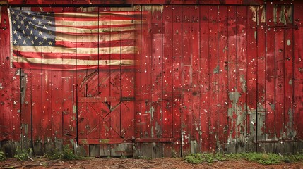 Vintage American Flag on Barn An old American flag hanging on a rustic barn, with blank space for text The vintage flag and country setting evoke a nostalgic, patriotic feel