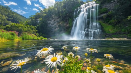Naklejka premium Paradise Falls Australia Daytime Delight. Clear skies with the sun shining brightly, the waterfall flowing gracefully into a clear pool, surrounded by lush greenery and colorful wildflowers, with a