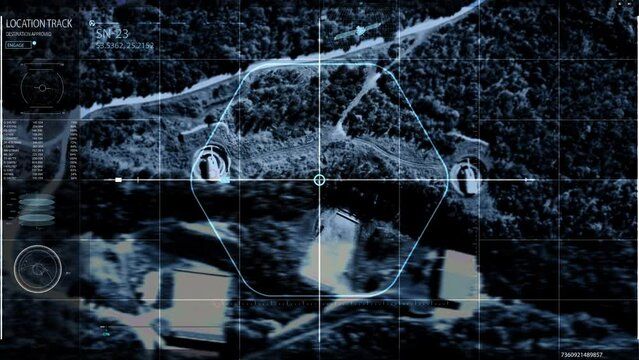 Innovation technology user interface. An innovation technology streaming the Live Feed from the Satellite Camera. An innovation technology has located the Military base in the Forest Area. Spying.