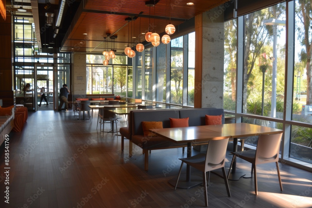 Leinwandbilder a bright and spacious student lounge with dining tables and comfortable seating areas. generative ai