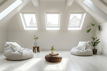 A bright white room with three skylight featuring two comfortable armchairs