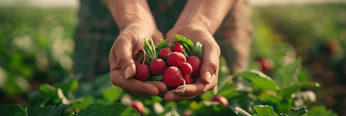 Hands Holding Fresh Radishes in Garden