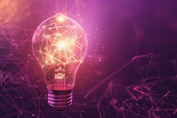 Glowing light bulb on purple background. Generative Ai 