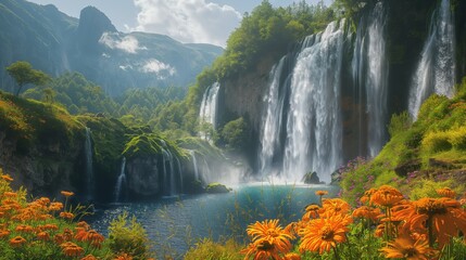 Fototapeta premium Infinity Falls Daytime Majesty. Clear skies with bright sunlight, the waterfall cascading down steep cliffs into a deep blue pool surrounded by lush forest and vibrant wildflowers, with mist rising