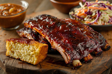 juicy texas bbq ribs glazed with tangy bbq sauce, served with cornbread and coleslaw, highlighting a classic southern meal