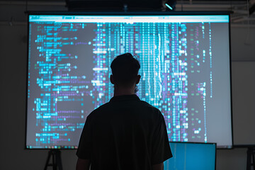 Silhouette of Man Analyzing Digital Data Projection in Dark Room