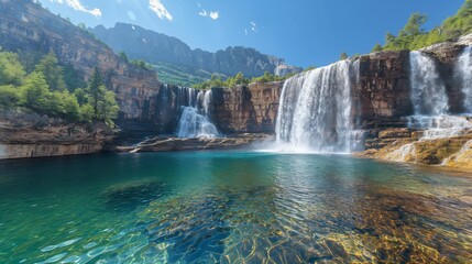 Fototapeta premium McCandy Falls Canada. A picturesque view of McCandy Falls in full flow, with the water cascading down rugged cliffs into a serene pool, under a clear blue sky with the sun shining brightly, creating