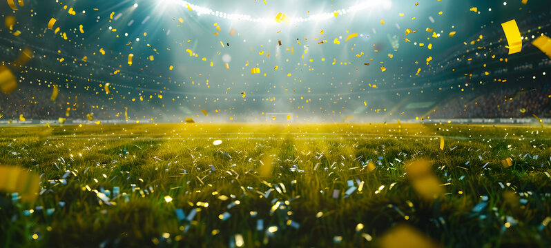 Soccer field with gold confetti and lights. 3D render of a soccer stadium with confetti flying in the air. A soccer championship win in the stadium arena. - Powered by Adobe