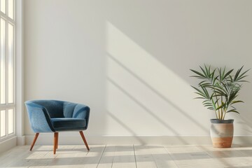 Fototapeta premium Warm toned living room interior wall mockup with a blue armchair and a background of a white wall. Generative AI