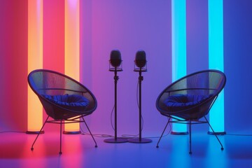 two modern basket chair with a sleek and minimalist design and microphones in podcast or interview room isolated on neon background as a wide banner for media conversations 