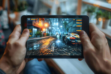 close-up shot of a young man's hands playing a car racing game on a digital tablet at home.