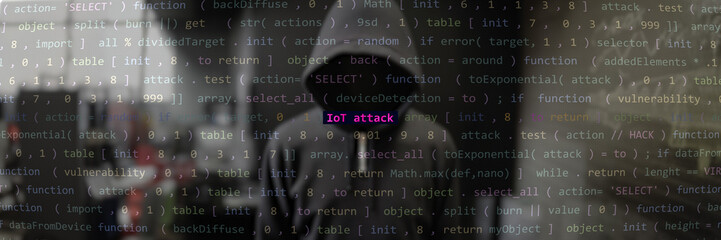 Cyber attack iot attack text. Anonymous hacker hidden with hoodie in the blurred background....