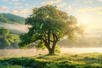 A beautiful green tree in the meadow near the river at sunrise with misty fog in the background A nature landscape with an old big oak tree, sunlight and sun rays Generative AI