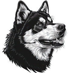 A black and white drawing of a siberian husky dog