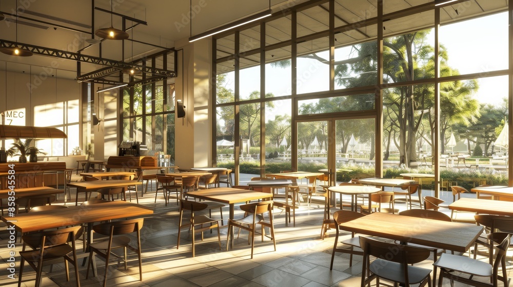 Fototapete a spacious student lounge with large windows overlooking a green outdoor area, featuring multiple di