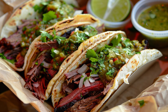 texas bbq brisket tacos filled with tender brisket, grilled tortillas, and fresh salsa verde, capturing the vibrant flavors of mexican cuisine
