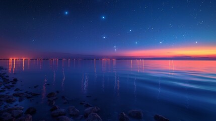 Serene Night View of Lake Michigan with City Lights Reflection - Minimalist Landscape Photography