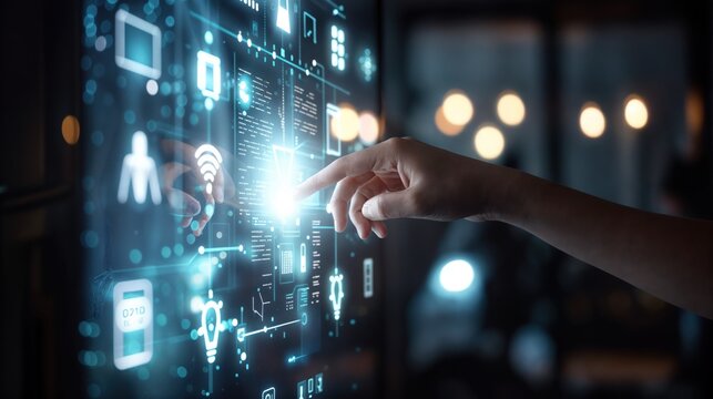 A hand interacts with a smart home device interface