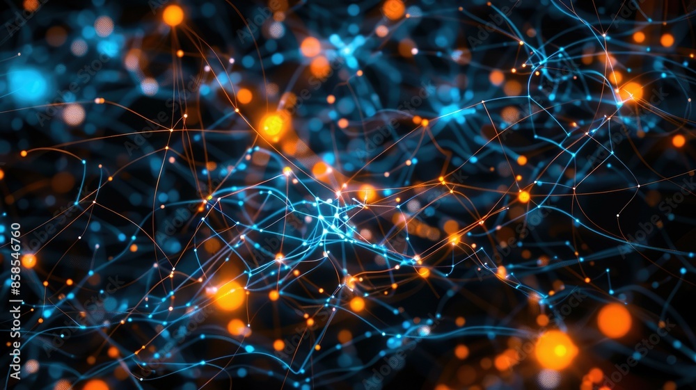 Poster abstract depiction of a neural network featuring interconnected glowing nodes and intricate connecti