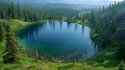 Obraz premium Serene Panoramic View of Lake Athabasca Surrounded by Lush Boreal Forest - Minimalist Day Scene without People