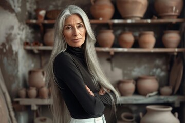 mature beautiful woman with gray hair. old model. pottery. business owner