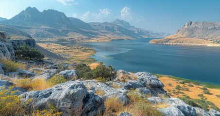 Obraz premium Lake Balqash Day View without People. A captivating panorama unfolds at Lake Balqash, with its expansive waters shimmering under a clear, summer sky. 