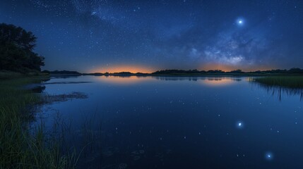Serene Night at Lake Ire - Tranquil Starry Sky with Moonlight Reflections