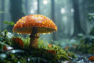 Dew-Kissed Mushroom in a Misty Forest