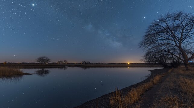 Tranquil Lake Texcoco Night View with Stars and Moonlight