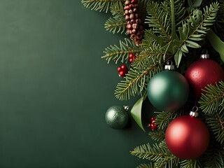 Merry Christmas decorations plant gifts green plain background border arrangement. Generative AI