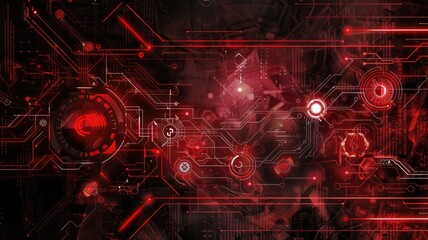 Abstract digital image of red circuits and gears on a dark background. digital art design of abstract background with red and black. Technology and cyberpunk concept for wallpaper and print. AIG53F.