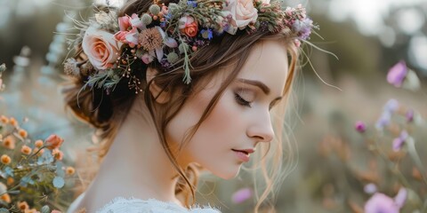 Elegant Bride Wears Floral Wreath at Stylish Wedding