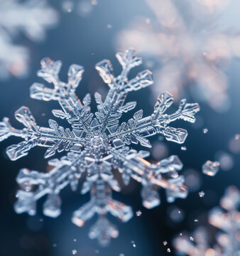 Macro Shot of Intricate Snowflake on Festive Icy Winter Background with Bokeh Effect for Holiday Season and Celebration Themes