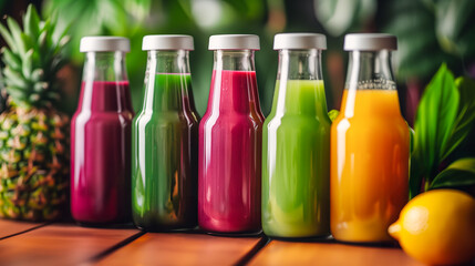 Row of bottles with colorful detox juice