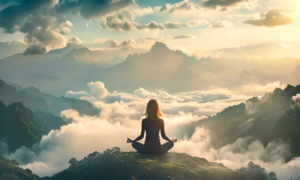 Woman meditating on mountain peak, relax cloudy mountain background
