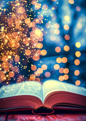 Open Book with Magical Bokeh Lights Background, Dreamy Reading Concept, Inspirational Literature in Focus, Night Time Abstract Light Effects