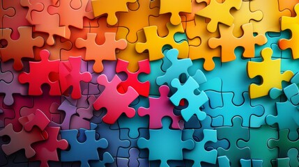 Colorful jigsaw puzzle pieces scattered randomly, creating a vibrant and playful pattern. Perfect for creative or problem-solving concepts.